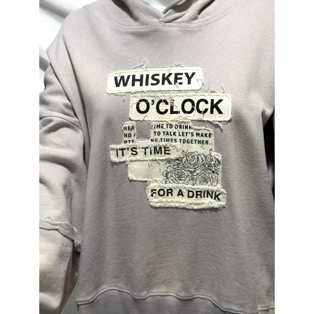 Cleo + Wolf Size Large Whiskey O' Clock Time For A Drink Cropped Beige Hoodie‎